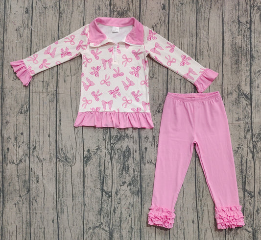 (Pre-order)GLP2778 Pink Bows Zipper Pullover Top Ruffle Pants Girls Clothes Set
