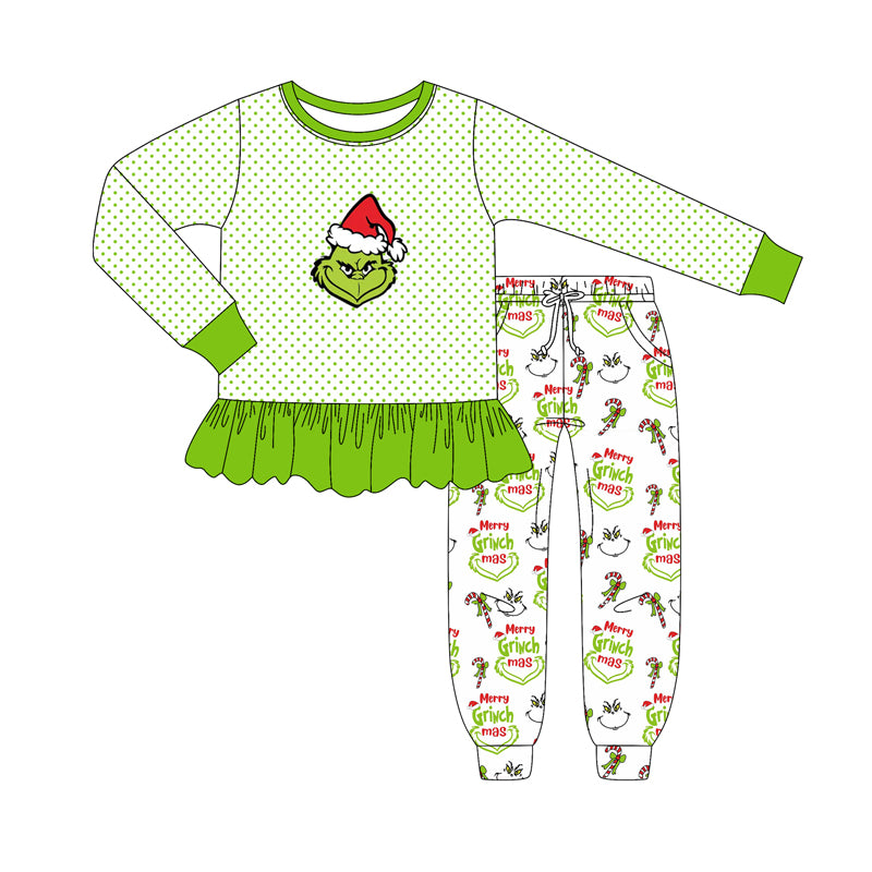 (Pre-order)GLP2779 Green Frog Stripes Top Pockets Pants Girls Christmas Clothes Set