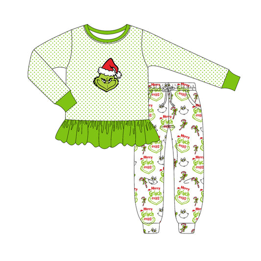(Pre-order)GLP2779 Green Frog Stripes Top Pockets Pants Girls Christmas Clothes Set