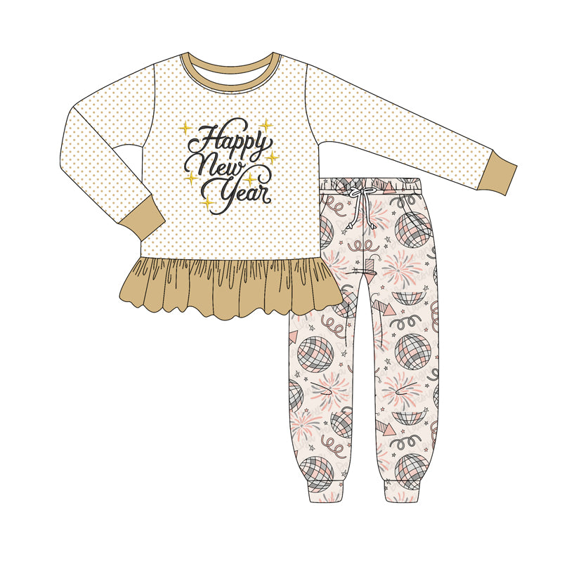 (Pre-order)GLP2780 Happy New Year Stripes Top Pockets Pants Girls Clothes Set