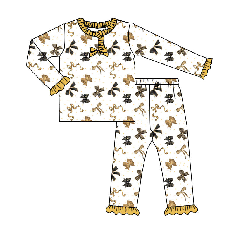 (Pre-order)GLP2781 Gold Bows Print Girls Happy New Year Pajamas Clothes Set