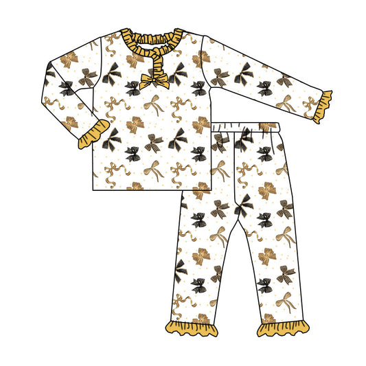 (Pre-order)GLP2781 Gold Bows Print Girls Happy New Year Pajamas Clothes Set