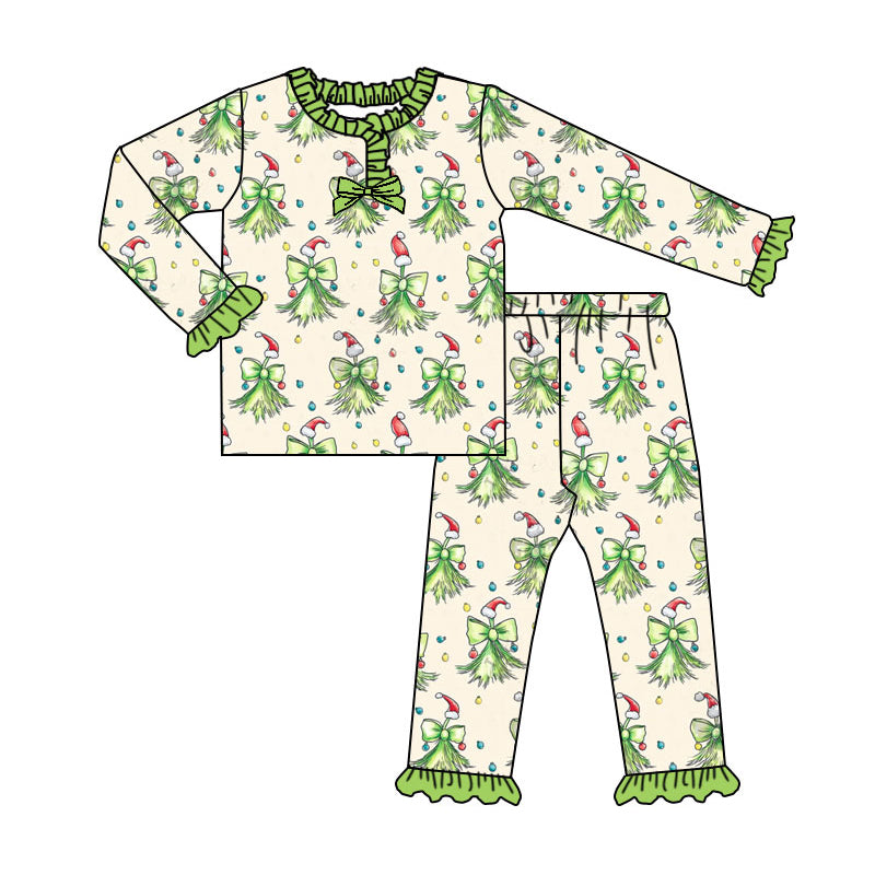 (Pre-order)GLP2783 Tree Bows Print Girls Christmas Pajamas Clothes Set