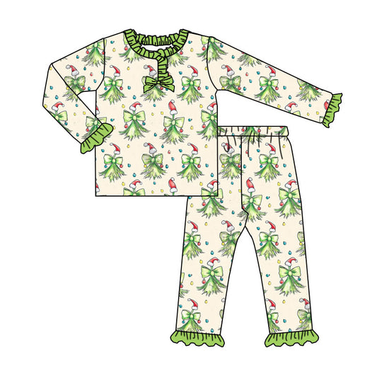 (Pre-order)GLP2783 Tree Bows Print Girls Christmas Pajamas Clothes Set