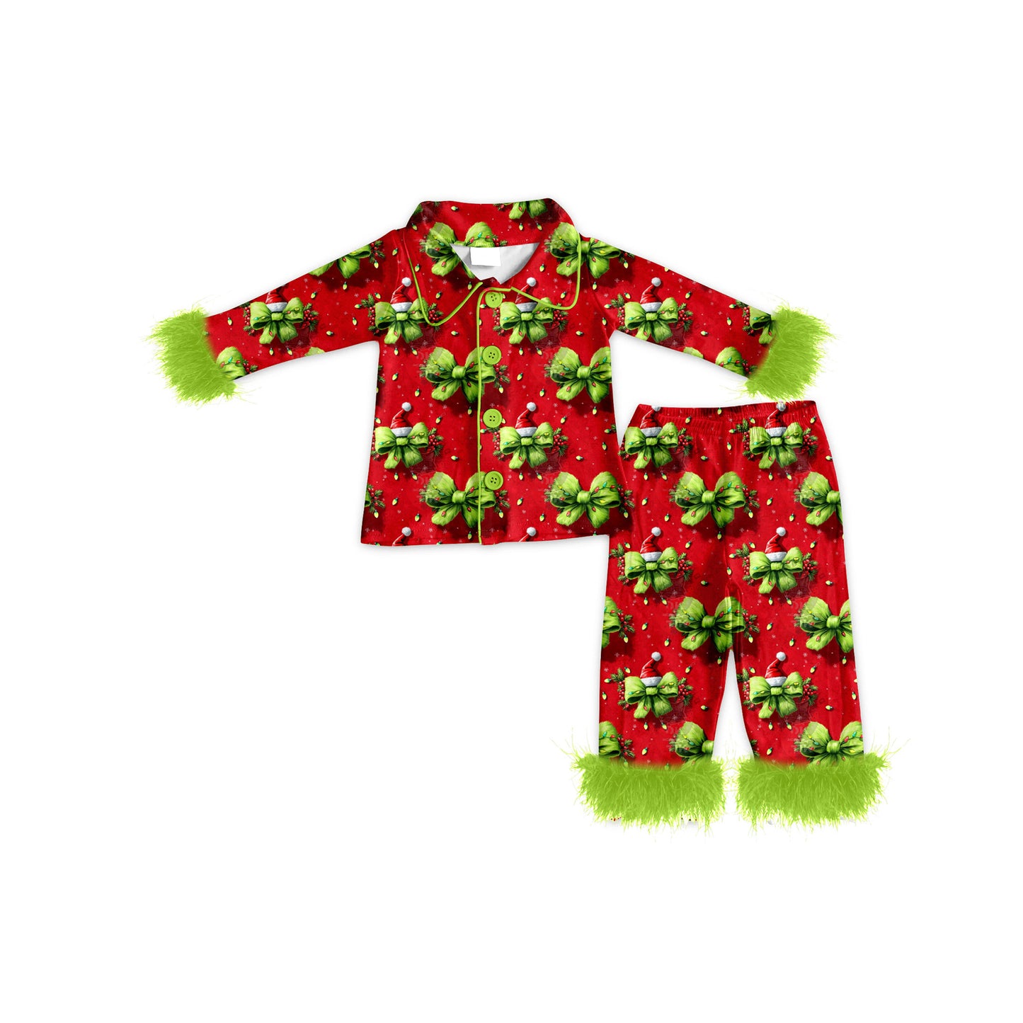 (Pre-order)GLP2784 Bows Holly Print Girls Christmas Buttons Fur Pajamas Clothes Set