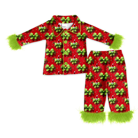 (Pre-order)GLP2785 Adult Bows Holly Print Woman Christmas Buttons Fur Pajamas Clothes Set