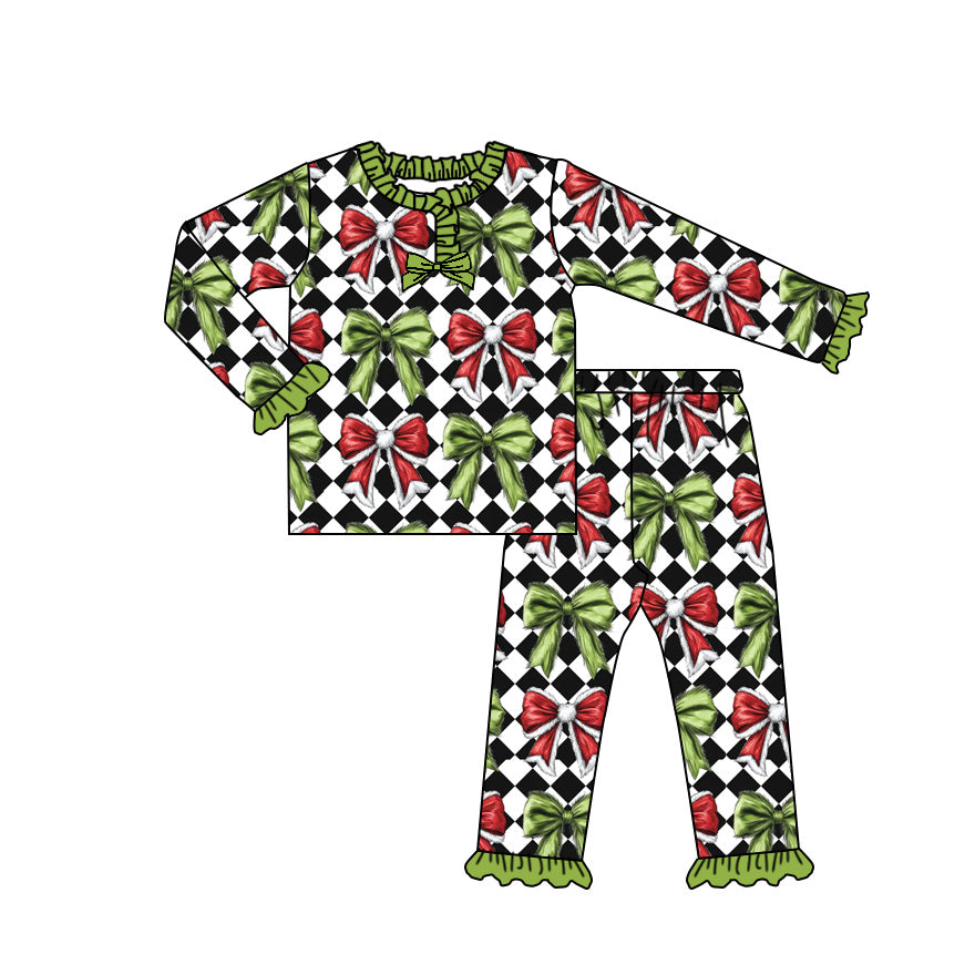 (Pre-order)GLP2786 Red Green Bows Plaid Print Girls Christmas Pajamas Clothes Set