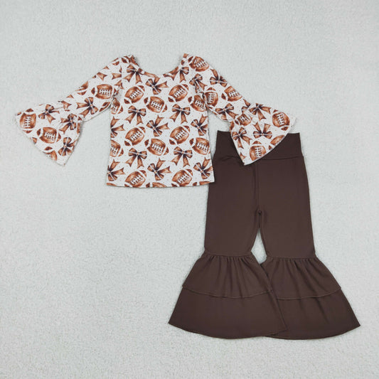 GLP2787 Football Bows Top Brown Bell Pants Girls Fall Clothes Set