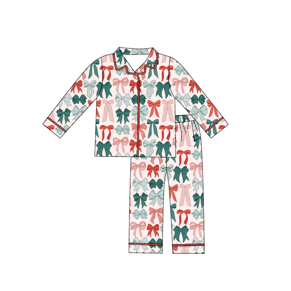 (Pre-order)GLP2788 Red Green Bows Print Girls Christmas Buttons Pajamas Clothes Set
