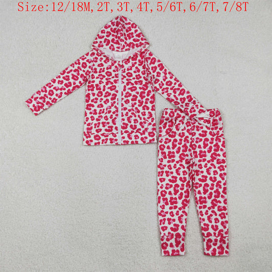 GLP2790 Pink Leopard Zipper Hoodie Top Pockets Pants Girls Fall Clothes Set
