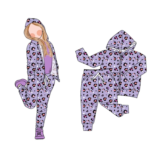 (Pre-order)GLP2791 Purple Leopard Hoodie Top Pockets Pants Girls Fall Clothes Set