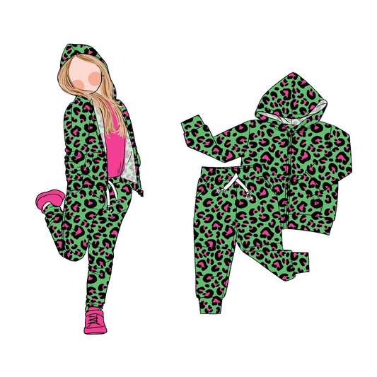 (Pre-order)GLP2792 Green Leopard Hoodie Top Pockets Pants Girls Fall Clothes Set