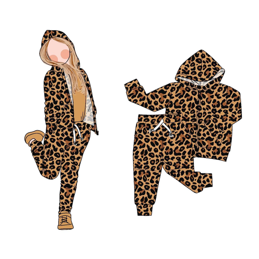 (Pre-order)GLP2793 Leopard Hoodie Top Pockets Pants Girls Fall Clothes Set