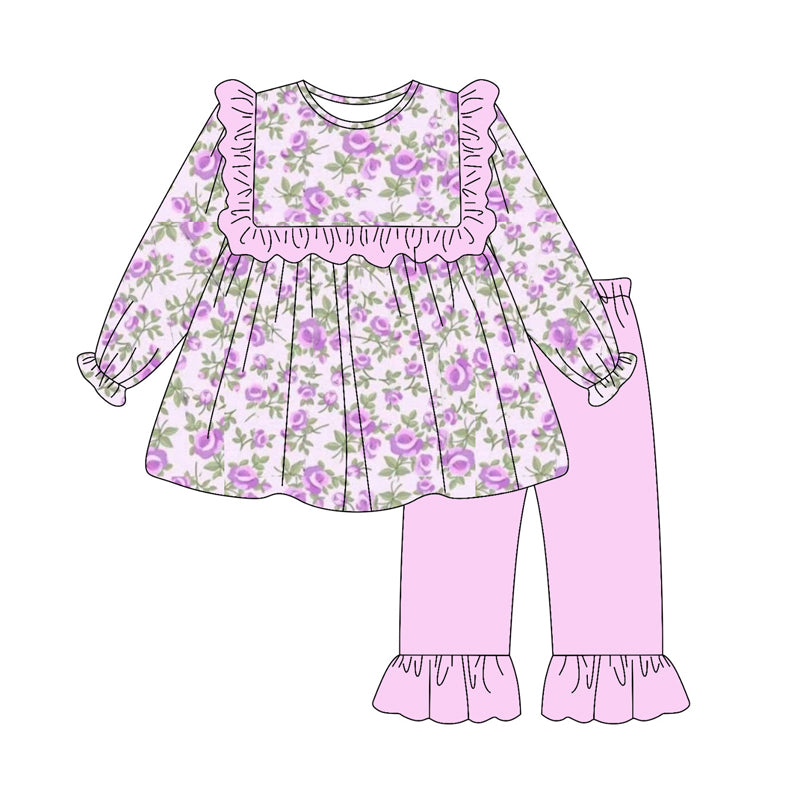 (Pre-order)GLP2795 Purple Flowers Tunic Top Pink Pants Girls Fall Clothes Set
