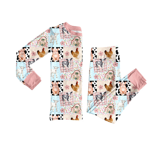(Pre-order)GLP2805 Farm Animals Print Girls Fall Pajamas Clothes Set