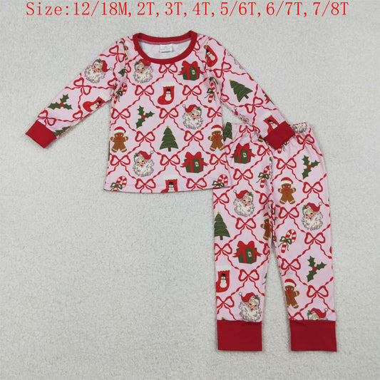 GLP2807 Santa Gringerbread Bows Print Girls Christmas Pajamas Clothes Set
