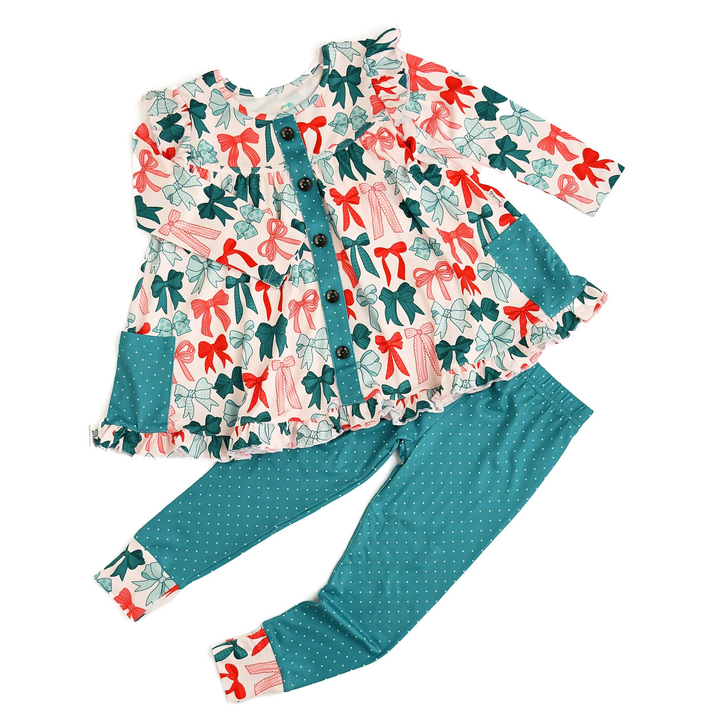 (Pre-order)GLP2810 Red Green Bows Pockets Tunic Top Pants Girls Christmas Clothes Set
