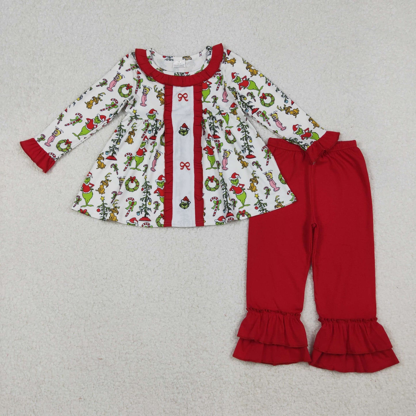 Green Frog Bows Embroidery Girls Christmas Clothes Sisters Matching Wear