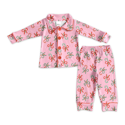 (Pre-order)GLP2813 Candy Cane Bows Print Girls Christmas Buttons Pajamas Clothes Set
