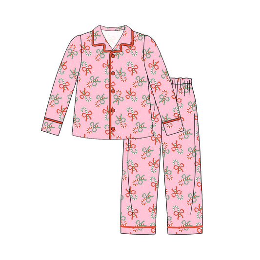 (Pre-order)GLP2814 Adult Candy Cane Bows Print Woman Christmas Buttons Pajamas Clothes Set
