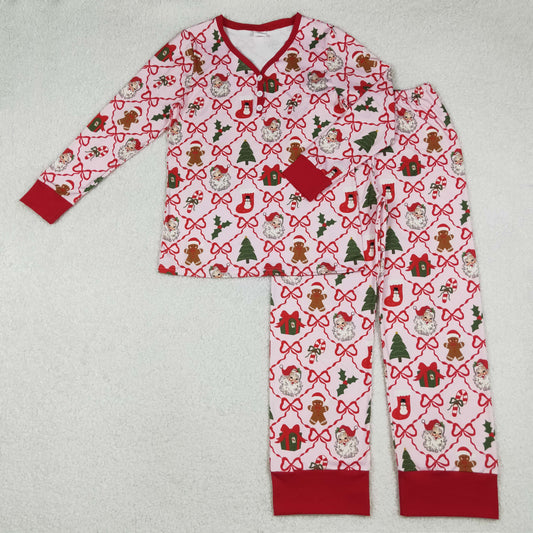 GLP2815 Adult Bows Santa Gringerbread Bows Print Woman Christmas Pajamas Clothes Set