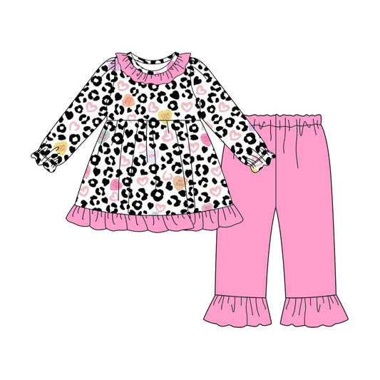 (Pre-order)GLP2819 LOVE YOU Heart Leopard Tunic Top Pink Pants Girls Valentine's Day Clothes Set
