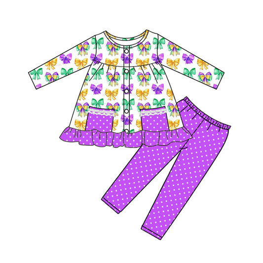(Pre-order)GLP2820 Bows Pockets Tunic Top Purple Dots Pants Girls Mardi Gras Clothes Set
