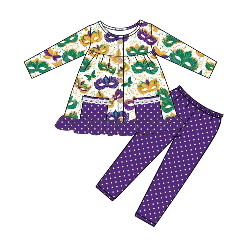 (Pre-order)GLP2821 Mask Pockets Tunic Top Purple Dots Pants Girls Mardi Gras Clothes Set