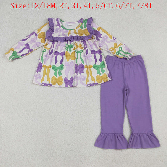 GLP2822 Colorful Bows Tunic Top Purple Pants Girls Mardi Gras Clothes Set