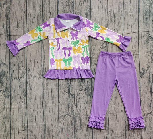 (Pre-order)GLP2823 Colorful Bows Zipper Pullover Top Purple Pants Girls Mardi Gras Clothes Set