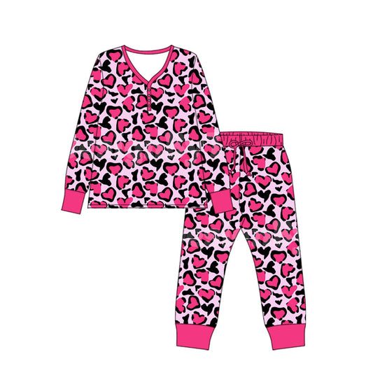 (Pre-order)GLP2826 Adult Pink Heart Leopard Print Woman Valentine's Day Pajamas Clothes Set
