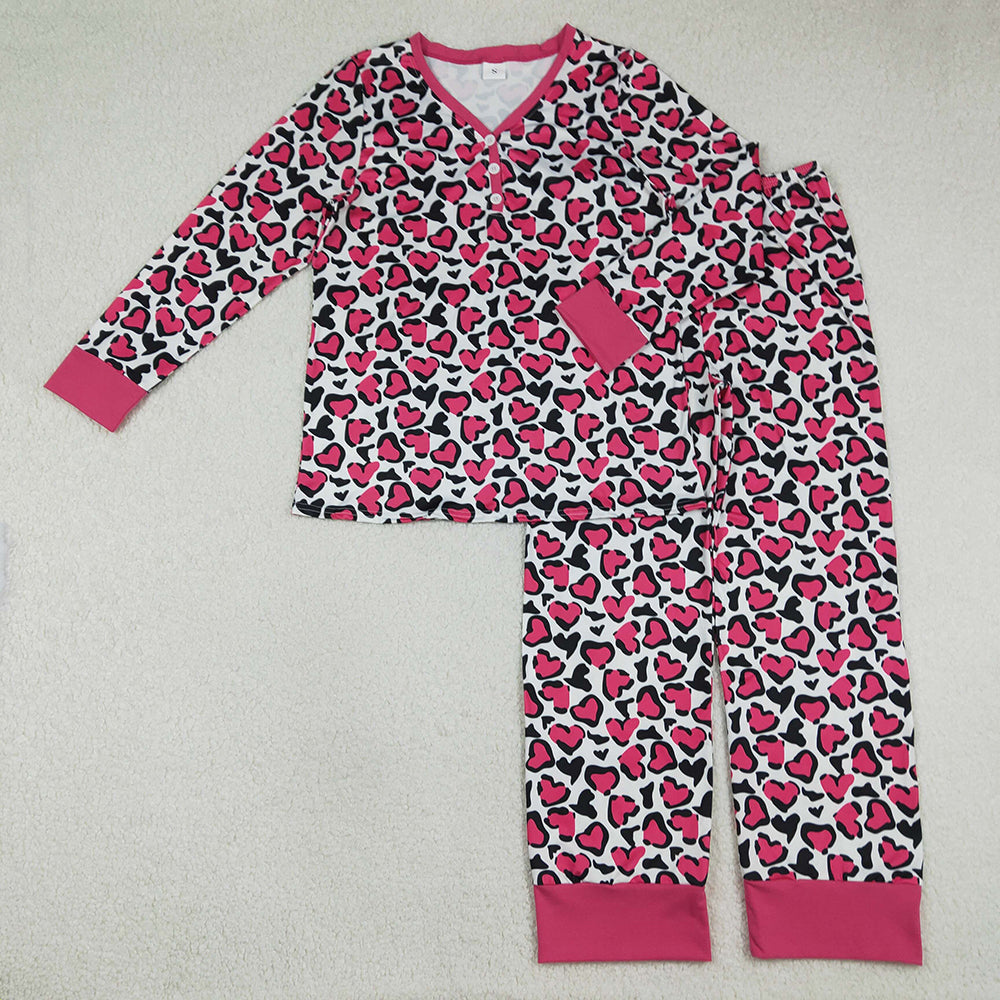 Hot Pink Hearts Leopard Print Mom and Me Valentine's Day Pajamas Matching Clothes Set