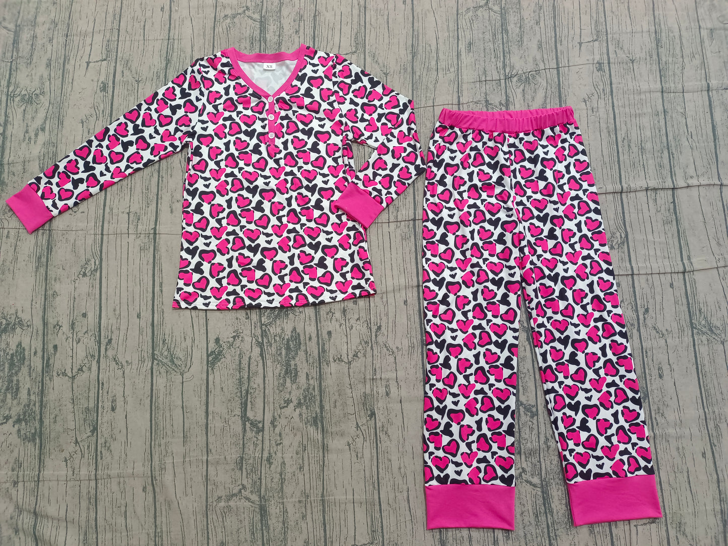 (Pre-order)GLP2826 Adult Pink Heart Leopard Print Woman Valentine's Day Pajamas Clothes Set