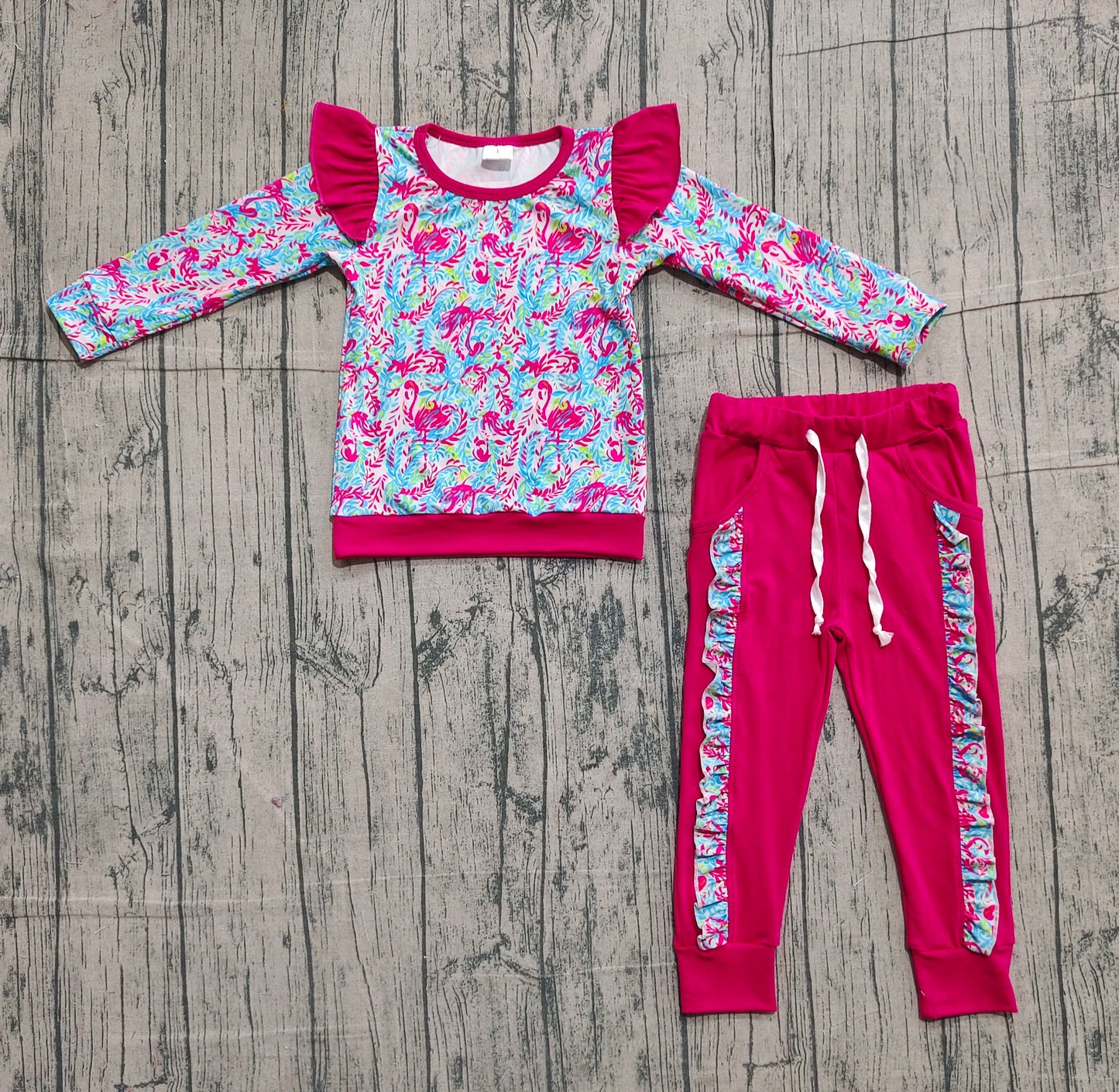 (Pre-order)GLP2831 Seaweed Flowers Hot Pink Top Ruffle Pants Girls Clothes Set