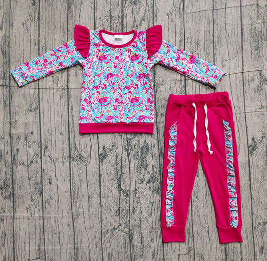 (Pre-order)GLP2831 Seaweed Flowers Hot Pink Top Ruffle Pants Girls Clothes Set