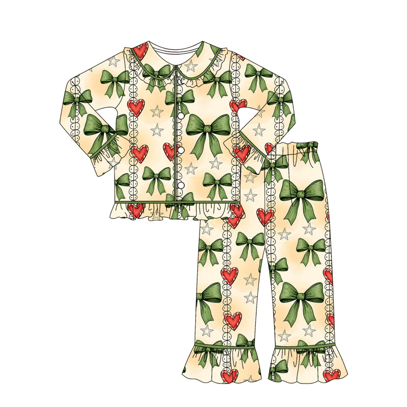 (Pre-order)GLP2833 Green Bows Heart Print Girls Christmas Pajamas Clothes Set