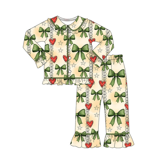 (Pre-order)GLP2833 Green Bows Heart Print Girls Christmas Pajamas Clothes Set