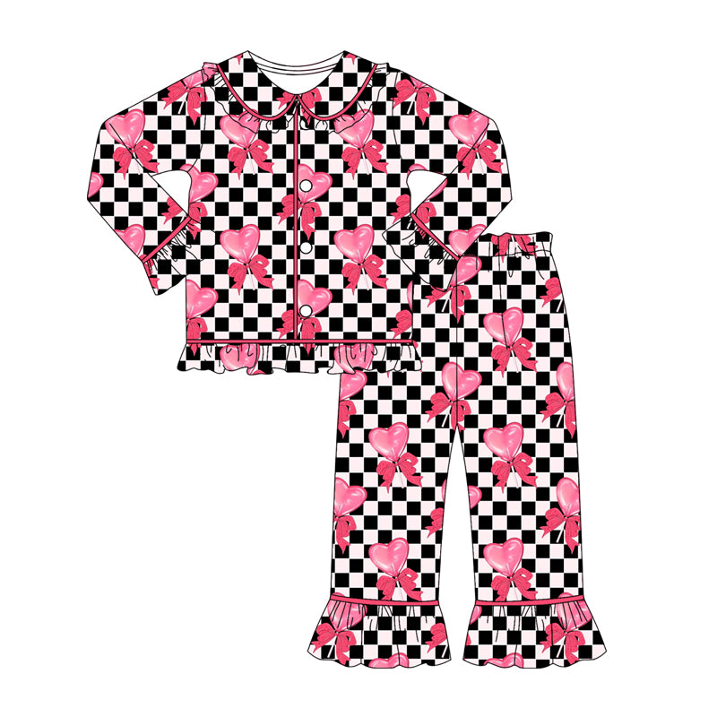 (Pre-order)GLP2836 Heart Bows Plaid Print Girls Valentine's Day Pajamas Clothes Set