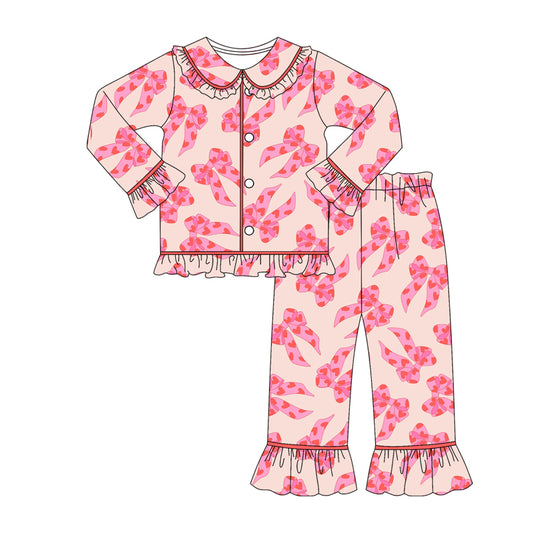 (Pre-order)GLP2837 Heart Bows Pink Print Girls Valentine's Day Pajamas Clothes Set