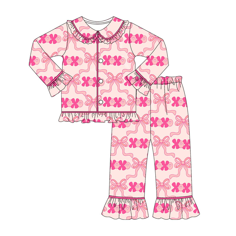 (Pre-order)GLP2838 XOXO Pink Print Girls Valentine's Day Pajamas Clothes Set
