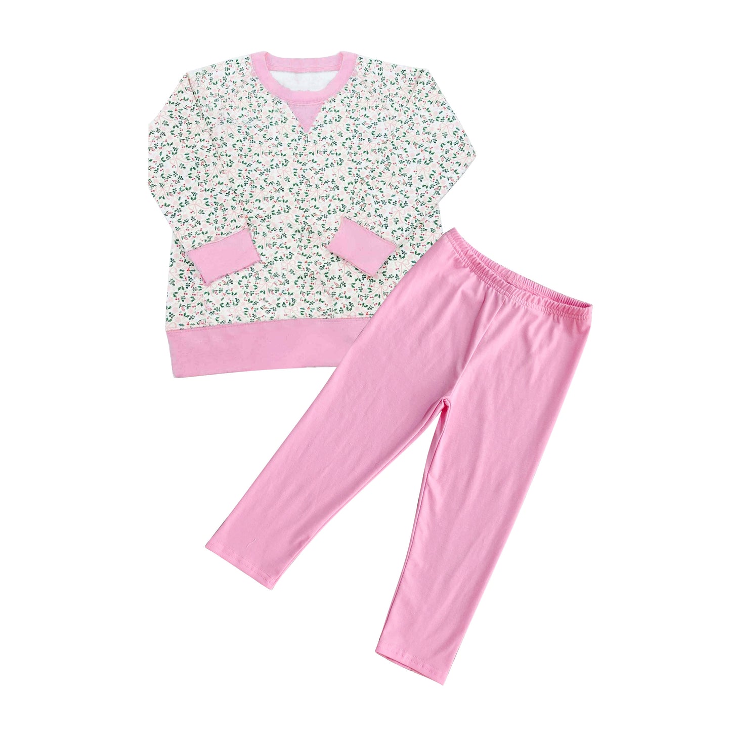 (Pre-order)GLP2839 Holly Bows Top Pink Pants Girls Christmas Clothes Set