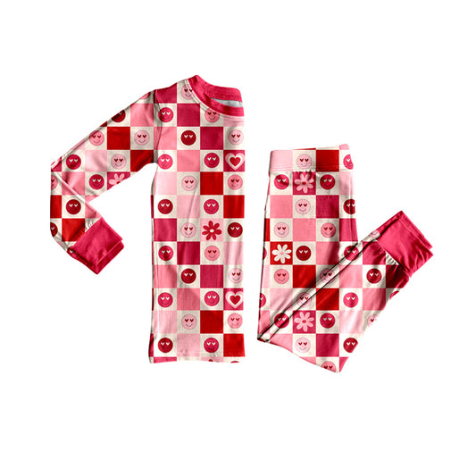 (Pre-order)GLP2842 Smiling Face Heart Flowers Plaid Print Girls Valentine's Day Pajamas Clothes Set
