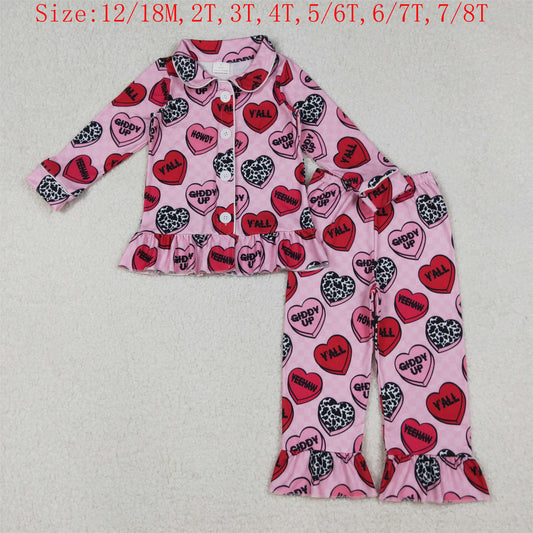 GLP2843 Heart Y'all Pink Print Girls Valentine's Day Buttons Pajamas Clothes Set