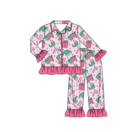 (Pre-order)GLP2844 Cartoon Shelf Candy Cane Pink Print Girls Christmas Pajamas Clothes Set