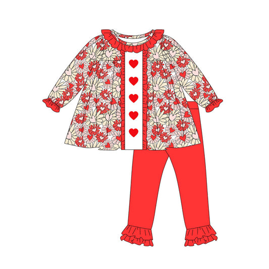 (Pre-order)GLP2847 Heart Flowers Tunic Top Red Pants Girls Valentine's Day Clothes Set