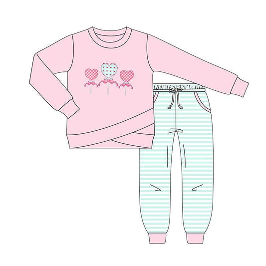 (Pre-order)GLP2849 Heart Lollipop Bows Pink Top Pockets Stripes Pants Girls Valentine's Day Clothes Set