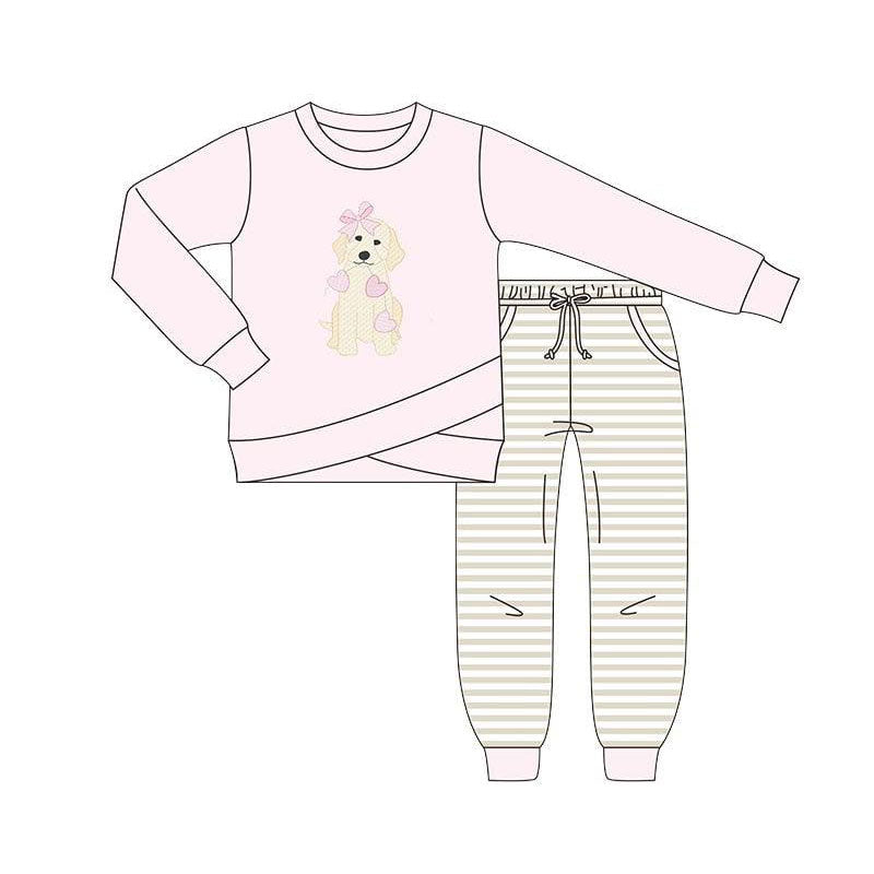 (Pre-order)GLP2850 Heart Dog Pink Top Pockets Stripes Pants Girls Valentine's Day Clothes Set