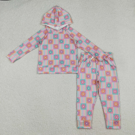 GLP2853 Flowers Stripes Hoodie Top Pockets Pants Girls Fall Clothes Set