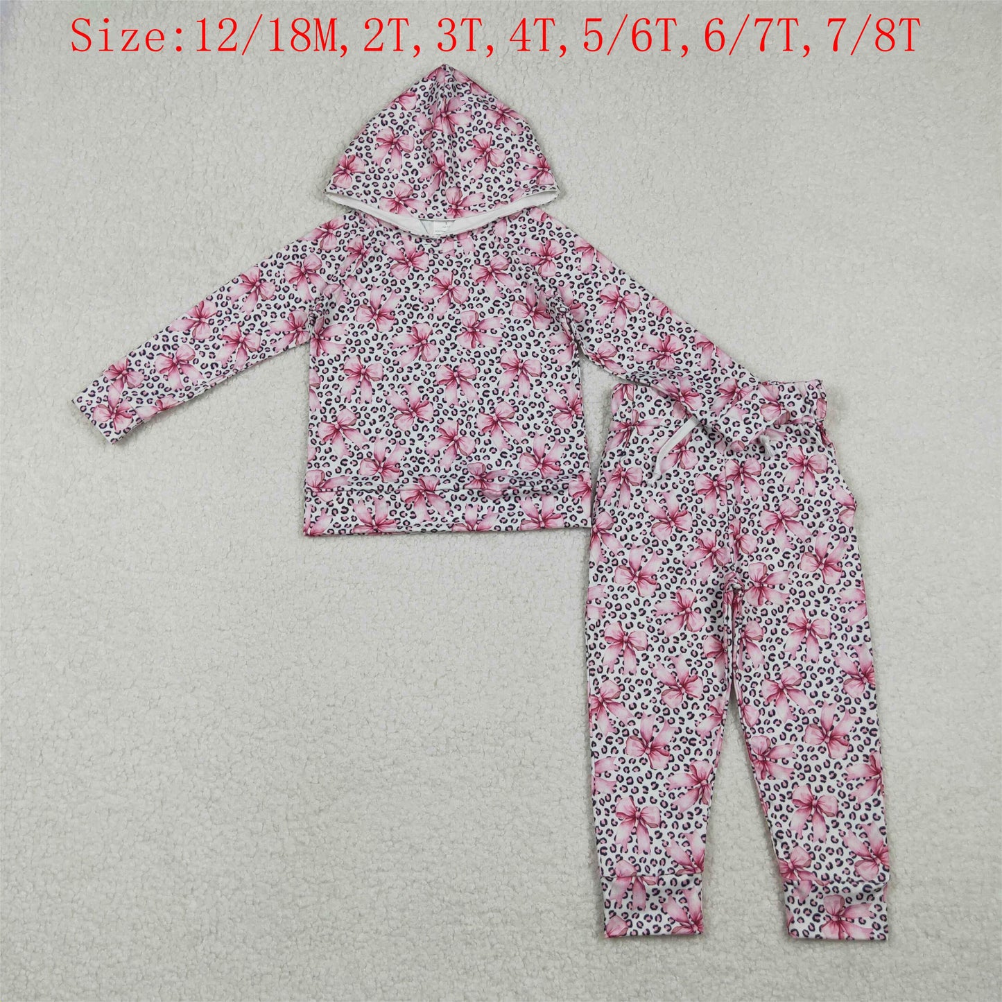 GLP2854 Pink Bows Leopard Hoodie Top Pockets Pants Girls Clothes Set