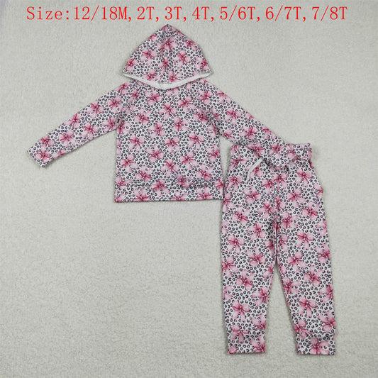 GLP2854 Pink Bows Leopard Hoodie Top Pockets Pants Girls Clothes Set